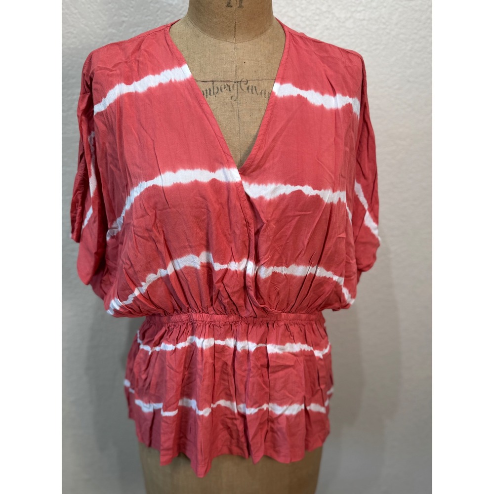 GiGiO Women's Coral Tie-Dye‎ Blouse Top Small Kimono Short Sleeve V-Neck NWT